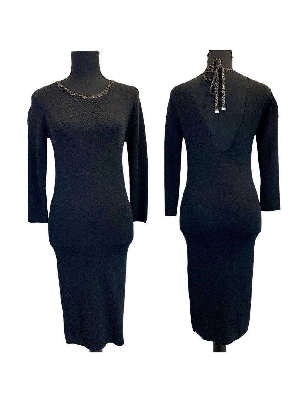 DYNAMITE black knit long sleeve metallic neckline bodycon dress Sz M